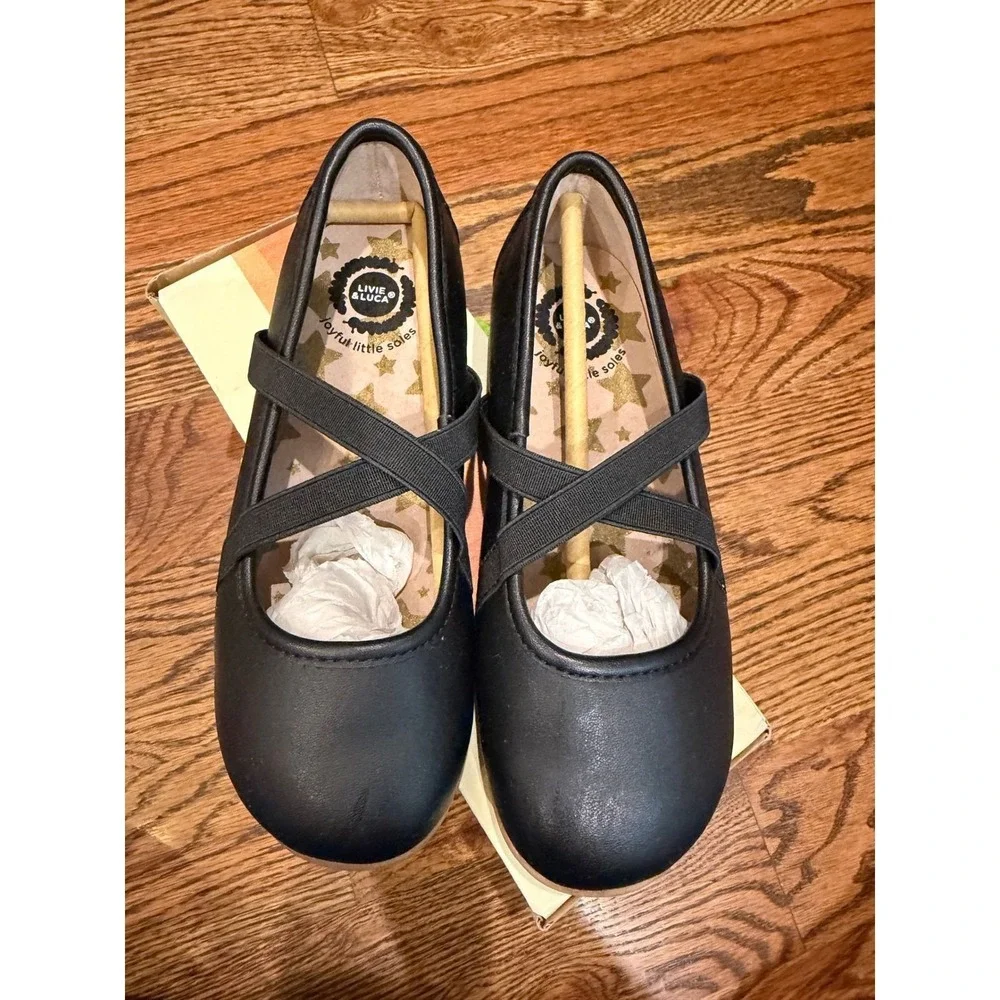 Livie & Luca Black Leather Mary Jane Flats Criss Cross Straps Girls Size 13